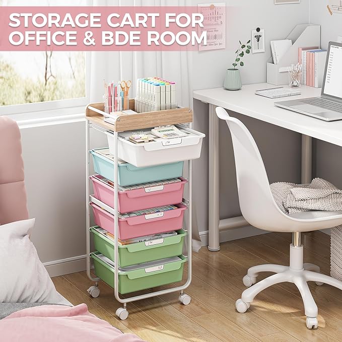Rolling Storage Utility Cart With 6 Drawers,Art Supply Craft Organizer,Sewing Makeup Organizer And Storage,Office Organization Wooden Tabletop,Colorful