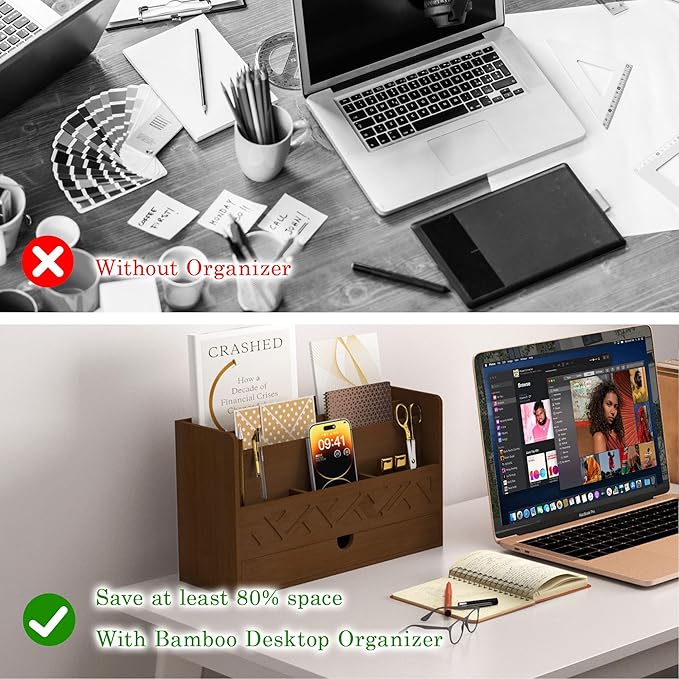 Bamboo Mail Organizer Countertop Desktop With Drawer - All-in-One Desk File Organizer for Office Supplies Storage With Pencil Holder (Walnut)