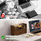 Bamboo Mail Organizer Countertop Desktop With Drawer - All-in-One Desk File Organizer for Office Supplies Storage With Pencil Holder (Walnut)