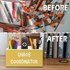 XPH Chaos Coordinator Yellow Pen Pencil Holder Organizer for Desk, Thank You Gifts for Women Men Coworkers Boss Leader Manager, Appreciation Gifts Wooden Box Sign for Office Tabletop Decorations
