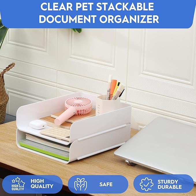 CiWiVOKi Desk Letter Tray Set of 2, Office Organization and Storage, PET Stackable Document Organizer for Notes, Pens, File Paper, White