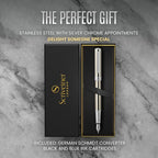 Scriveiner Stainless Steel Fountain Pen - Stunning Luxury Pen with Steel Finish, Schmidt Steel Nib (Medium), Pen Gift Set for Men & Women, Professional, Executive Office, Nice Designer Pens