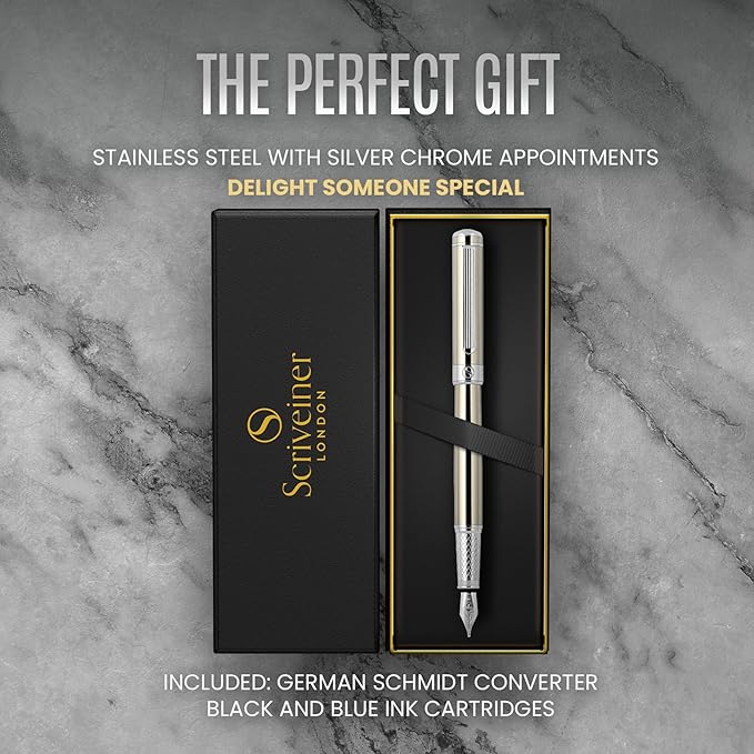 Scriveiner Stainless Steel Fountain Pen - Stunning Luxury Pen with Steel Finish, Schmidt Steel Nib (Medium), Pen Gift Set for Men & Women, Professional, Executive Office, Nice Designer Pens