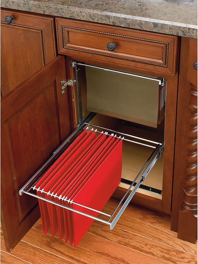 Rev-A-Shelf 2 Tier 14.5" Base Cabinet File Drawer Organizer System for Leterr & Legal Sized Files for Home Office or Home Storage, Chrome, RAS-FD-KIT