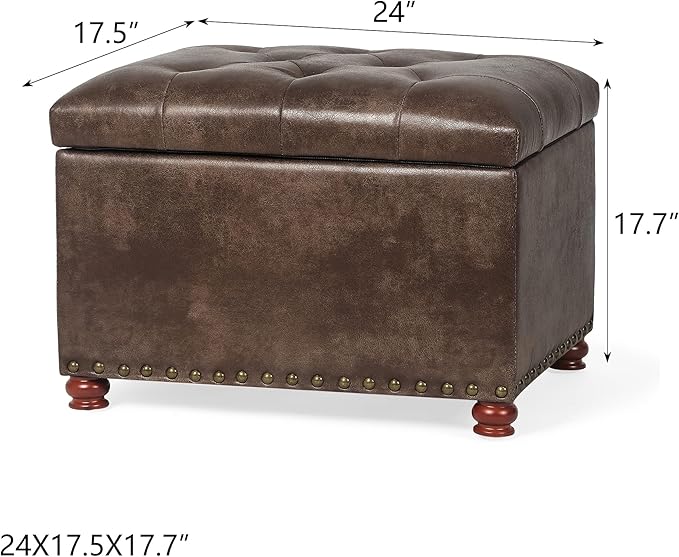 Decent Home 24'' Leather Ottoman with Storage Rectangle Foot Rest Ottomans Stool for Living Room(Brown,Leather Texture)