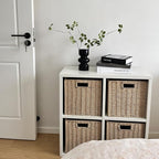IRONMIX White Cube Storage Organizer with 4 Storage Basket, Metal Short Bookshelf with Storage, 2 Tier Horizontal Bookshelf, Small Cube Bookcase for Home Office Library (White, 700+1037 with Basket)