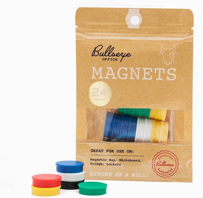 Bullseye Office 24 Round Assorted Color Fridge Magnets, Button Shaped, Small Colorful Magnetic Discs for Kitchen, Cabinet or Classroom, Perfect Whiteboard Supplies for Teachers (Assorted Color)
