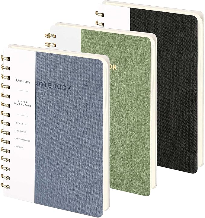 Spiral Notebook-5.75" x 8.125" College Ruled Journal with Inner Pockets and 160 Pages,PU Leather Cover Business Journal, Twin-Wire Binding Notebook Perfect for Office & Home School Supplies 3 pack ArmyGreen ReefBlue Black