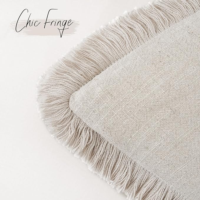 Foindtower Set of 2 Decorative Linen Fringe Lumbar Throw Pillow Covers Boho Farmhouse Cushion Cover with Tassels Cozy Accent Pillowcase for Sofa Couch Living Room Home Decor,12×20 Inch,Natural Beige
