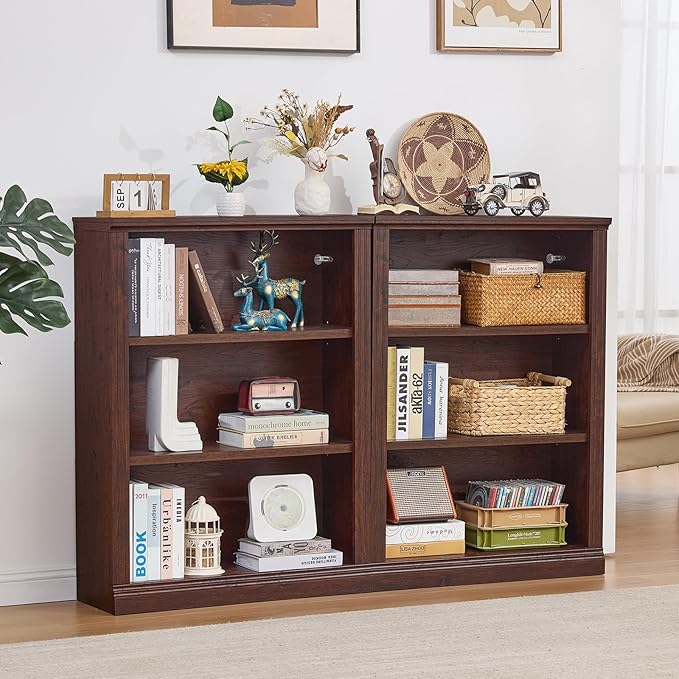 RWYHG 43" Walnut Tall Bookshelf Set of 3,3-Tier Thick Wooden Book Shelf with Adjustable Shelves,Free Standing Farmhouse Bookcase with Open Display Storage,Floor Vintage Bookshelves for Living Room