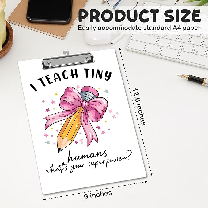 APIILVPQ Teacher Clipboard, Pink Bow Clipboards with Low Profile Clip for Office School Use, Teacher's Day Appreciation Gifts Wooden Clip Boards for Writing Reading - C08