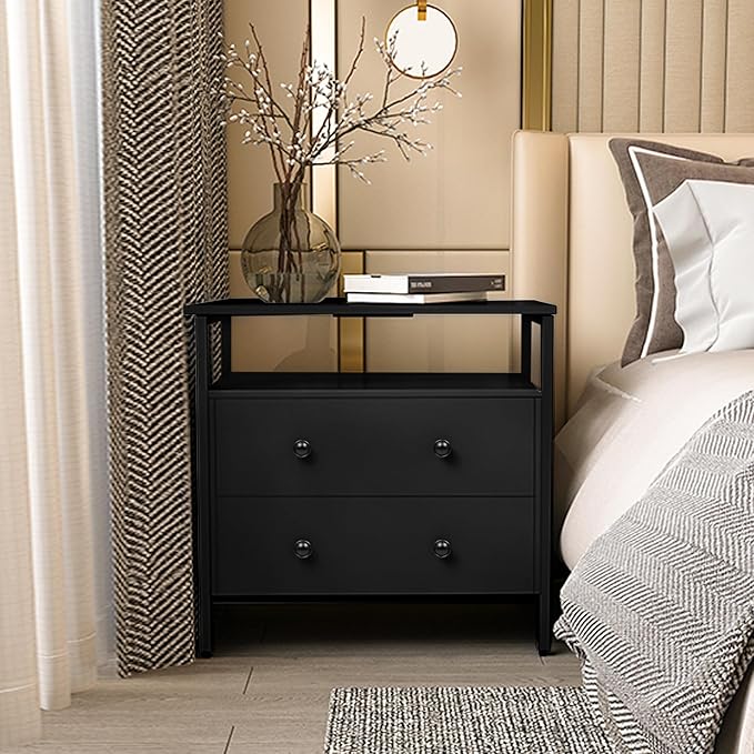Edbuosy 27 inch Wide Night Stand with Charging Station, Bedside Table with Open Shelf, 2 Drawers Small Wood Dresser, Modern Wood Nightstand for Bedroom/Living Room (Black)