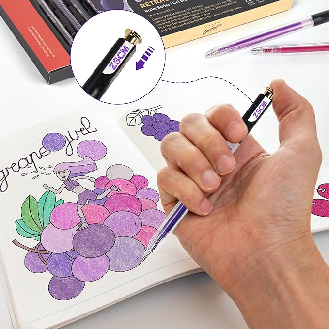 ZSCM Retractable Glitter Gel Pens, 12 Colors Large Capacity Purple Glitter Metallic Gel Ink Pens, 1 mm Fine Point Smooth Writing Color Pens for Adult Coloring Book Note Taking Aesthetic Art Supplies