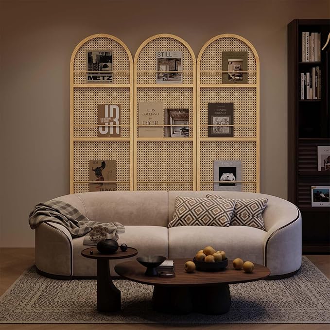 Rattan Room Divider with Built-in Bookshelf | Foldable Privacy Screen & Portable Partition for Home Office, Bedroom, Reading Nook | Wooden Frame, Freestanding Design (Natural-Rattan)