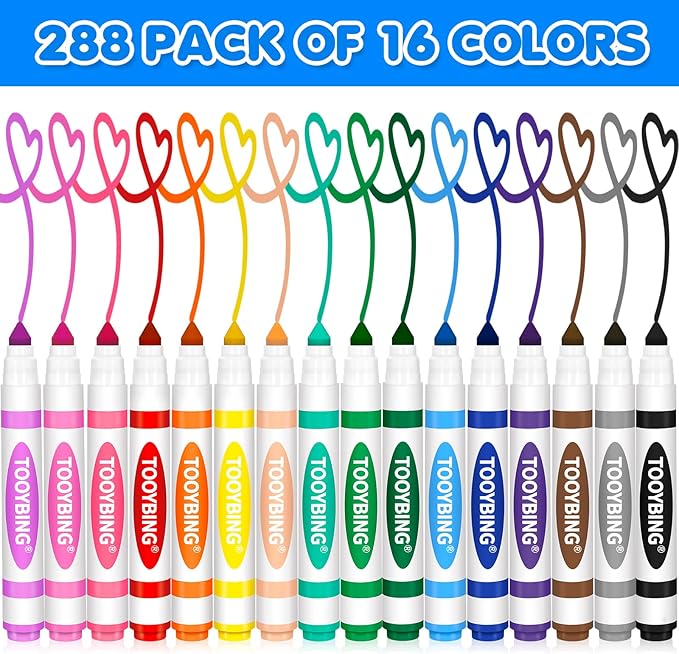 TooyBing Washable Markers Bulk (288 Count), 16 Assorted Colors, Washable Markers for Kids Classroom School, Broad Tip Durable for Back to Classroom Art School Supplies Essentials