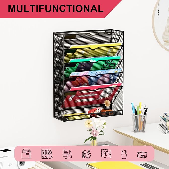 GDINDINFAN Hanging Wall File Organizer 6 Tier Wall Mounted Mail Paper Folder Holder Document Organization Stand, Vertical Desk Magazine Rack for Office Home Cubicle Countertop, Black