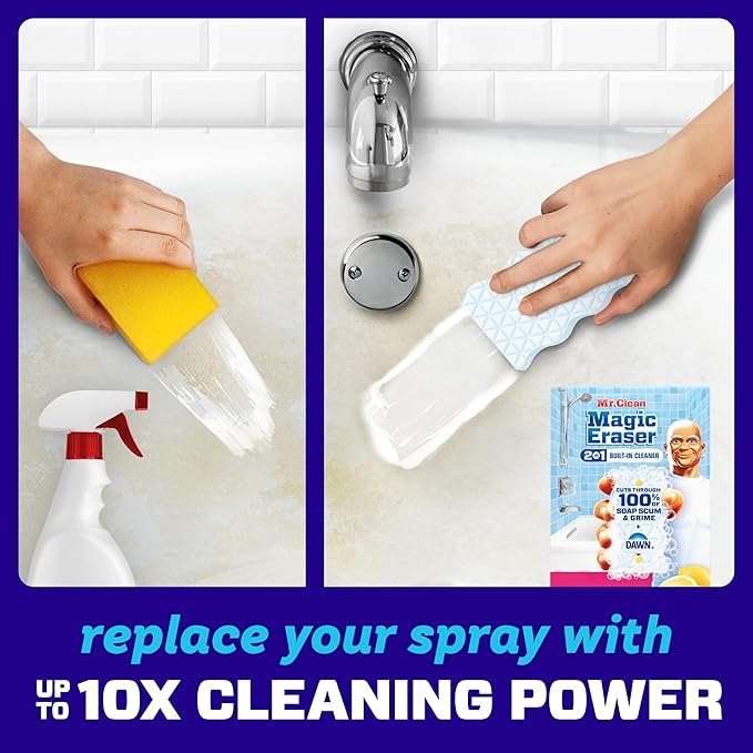 Mr. Clean Magic Eraser Sponge, Bathroom Cleaner, Shower Cleaner, Tub Cleaner, Soap Scum Remover, Bathroom Cleaning Supplies, Dawn Cleaning Power with Lemon Scent, 2 in 1 Bath, 5ct