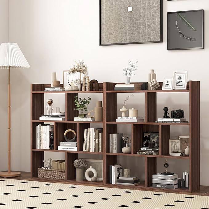 Giantex 7 Cube Bookshelf of 2, Free-Standing Wooden Bookcase, 4 Tier Home Display Shelf, Horizontal Storage Unit w/Anti-Toppling Devices, Open-Back Display Rack for Study, Living Room, Walnut