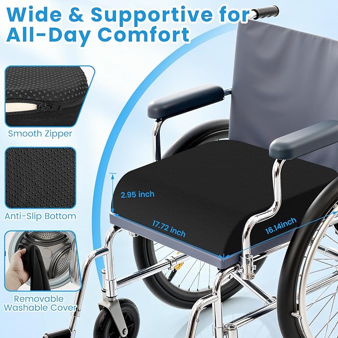 ComfyInLove Wheelchair Seat Cushion - Cooling Gel & Memory Foam Office Chair Cushion with Non-Slip Bottom & Washable Cover, Ergonomic Car Seat Pillow for Sciatica, Tailbone, Back Comfort (Black)