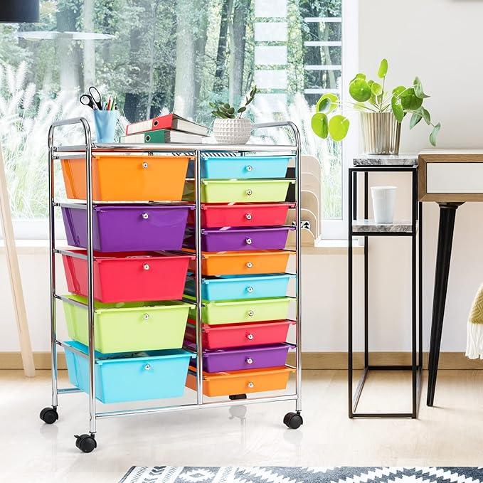 GLACER 15 Drawers Rolling Cart, Storage Cart with w/Removable Drawers & Steel Frame, Multipurpose Organizer Cart w/Sleek Handle, Utility Cart on Lockable Wheels for Home, School, Office (Multicolor)