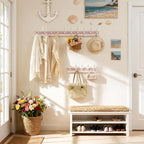 SKOLOO Coastal Coat Rack Wall Mount-38.12" Beach House Entryway Wooden Coat Hook with 10 Hooks for Hanging Coats, Hats or Towels, Oceanfront Cottage Core Collection, White & Palm Beach Pink, Pack of 2