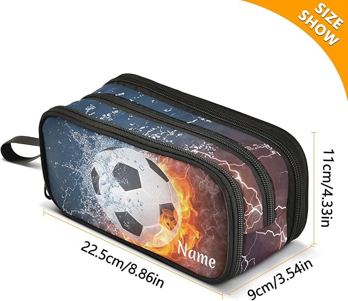 BOENLE Custom Soccer Football Ball Pencil Case Box Boys Girls Personalized Name Large Pencil Pouch Stationery Pen Bag Organizer for Kids Teens Adults School Office