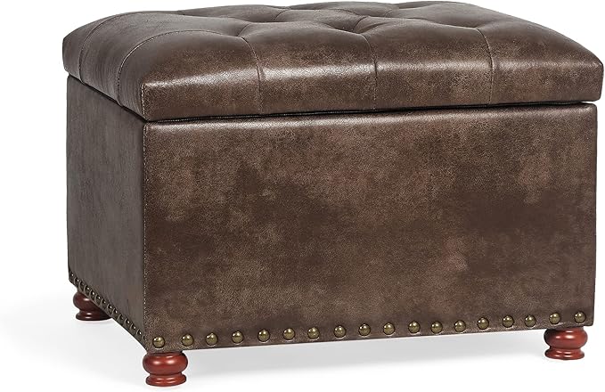 Decent Home 24'' Leather Ottoman with Storage Rectangle Foot Rest Ottomans Stool for Living Room(Brown,Leather Texture)