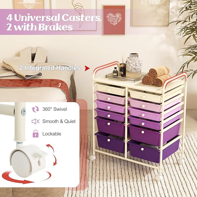 Happygrill 12-Drawer Rolling Storage Cart, Multipurpose Storage Cart W/Lockable Wheels, 2 Sizes Plastic Drawers & Metal Shelf, Mobile Utility Cart for Home Office School (Purple Gradient)