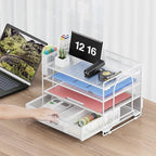 Marbrasse Desk Organizer and Accessories4-Tier Paper File Letter Tray Accessories & Workspace Desk Organizers with Drawer and 2 Pen Holders for School Home Office Supplies (White)
