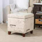 Adeco Fabric Script Pattern Cube Storage Footstool, Hinged Lid, Solid Wood Legs, 18" Height Ottomans & Storage Ottomans, Cream White