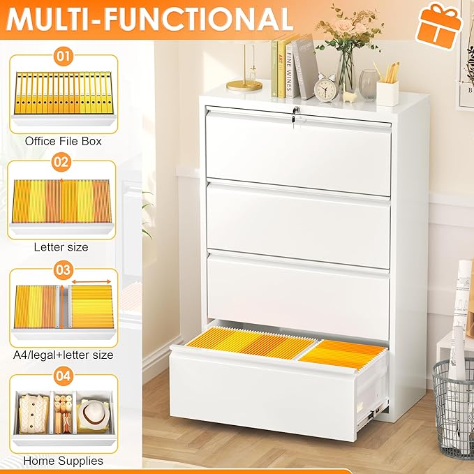 INTERGREAT 4 Drawer File Cabinet, Lateral File Cabinet with Lock, Metal Office Filing Cabinet with Adjustable Frame for Legal, Letter, A4 Files, Fast Assembeld, White