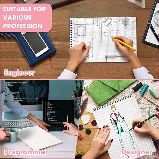 Engrowtic 1 Pack Top Spiral Graph Paper Notebooks 8.7 X11.4 Inch A4 Grid Paper Notepad 70 Sheet Memo Steno Pad for Engineering Writing Sketching Drawing School Office Supplies (Pink)