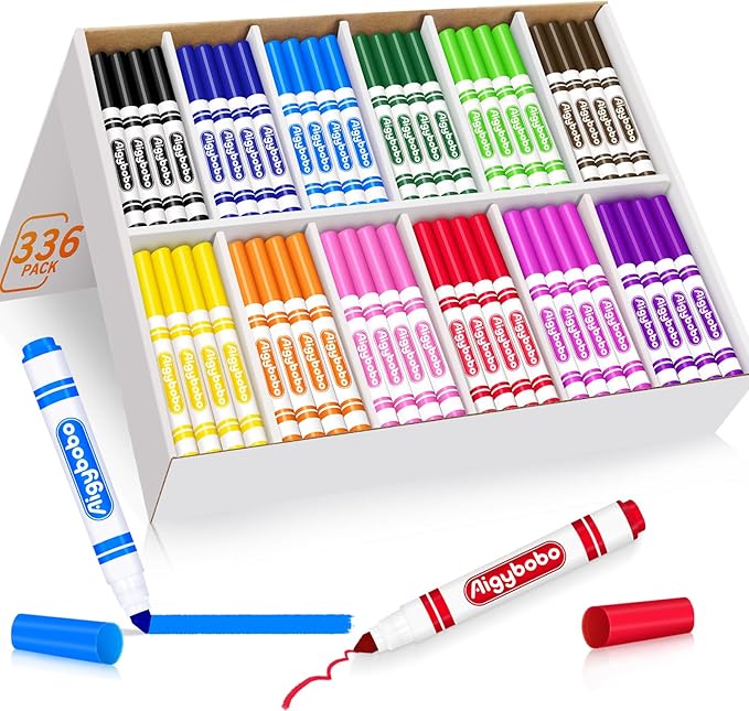 Aigybobo 336 Count Washable Markers Bulk, 12 Assorted Colors, Broad Line Conical Tip Coloring Marker for Kids, Markers Bulk Pack for Classroom, School Art Supplies & Back to School Supplies