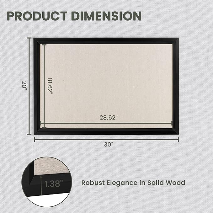 Bulletin Board Cork Board with Linen, 100% Wood Framed 30" x 20" Bulletin Board Decorations, Pin Boards for Walls, Wall Mounted Fabric Picture Board with 10 Pushpins for School, Home & Office, Black