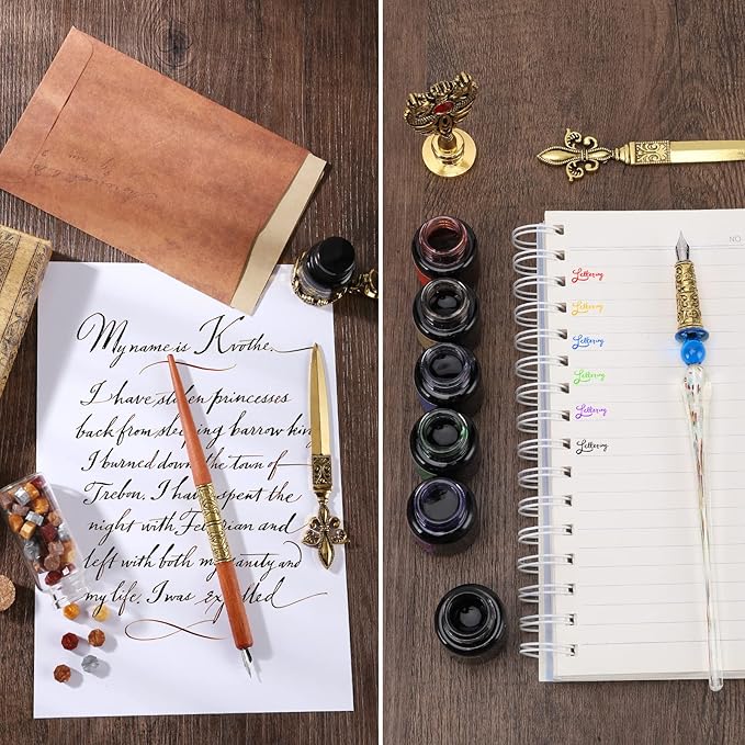 Junhartt Quill Feather Pen and Ink Set, Calligraphy Pen Glass Dip Pen and Wax Seal Stamp Kit (Navy Blue)