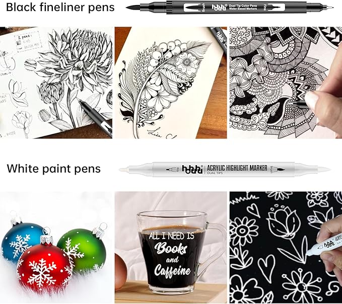 hhhouu 17Pack Dual Tip Black & White Brush Pens- Fineliner & Highlighting Set for Artists, Illustrators & Comic Drawing Smooth Ink Flow, Smudge-Free HO-17BW