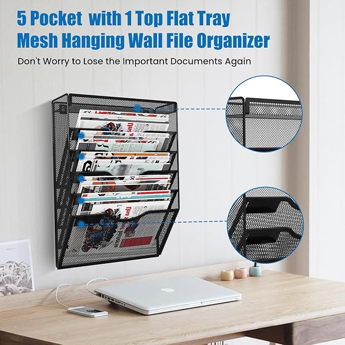 KZWKRG 6 Tier Wall File Organizer Hanging Vertical File Organizer, Wall Mounted Mail Paper Document Folder Holder, Mesh Magazine Rack Mail Document Organizer for Office School Home(Black)