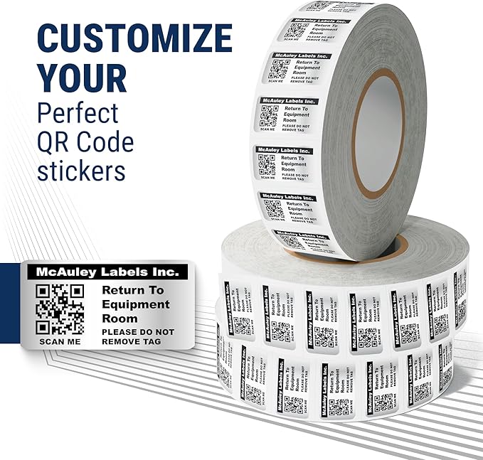 McAuley Labels Custom QR Code Stickers - Numbered, Permanent, Adhesive Asset Tags for Equipment - Metalized Silver Polyester - 1.5x0.75 Inches
