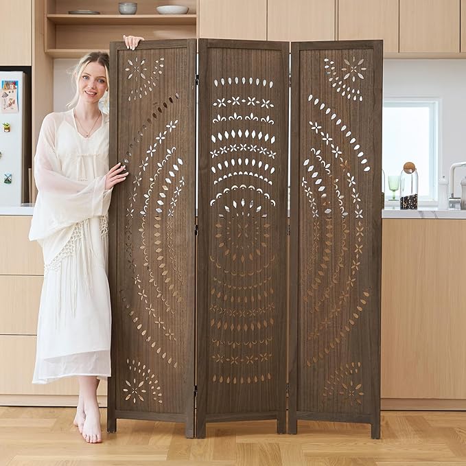 5.6 Ft Folding Room Divider, Portable Privacy Screen & Partition, No Assembly Required for Use as Cat Litter Box Cover, Clutter Hider, Room Separator, 3 Panels (Brown)