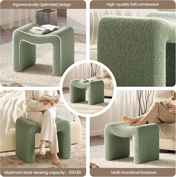 ZYKZYK Ottoman Vanity Seat, Plush Velvet Backless Stool and Small Foot Rest, Modern Accent Seating for Bedroom, Makeup Table or Living Room, Green