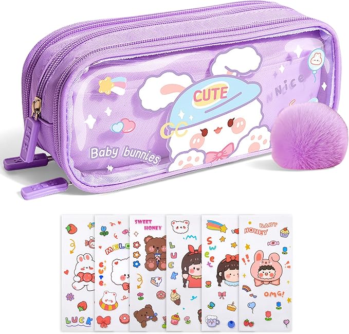 UINSUE Cute Pen case Adorable Bunny Transparent 3-Layer Large Capacity Pencil Case Gadget organizer with Lovely Stickers (Purple-Doggy)