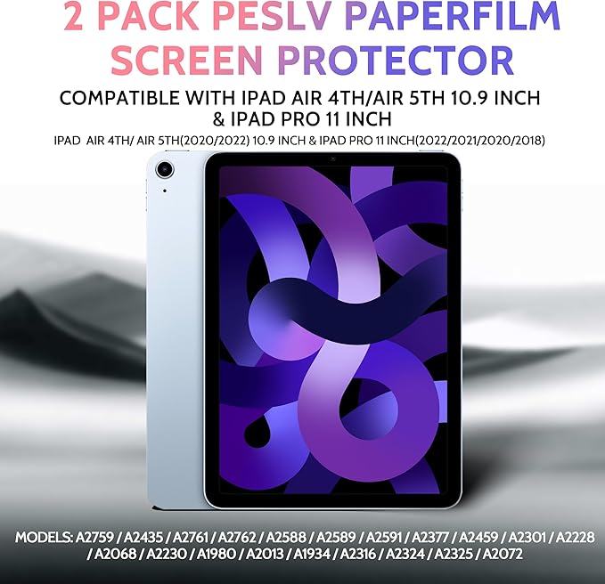 Peslv 2 Pack Like Paper Screen Protector for iPad Air 5th & Air 4th (10.9 Inch)/ iPad Pro 11 (2022/21/20/18), Matte Anti Glare PET Film/Blue Light Filter/Drawing & Writing Feel Like on Paper