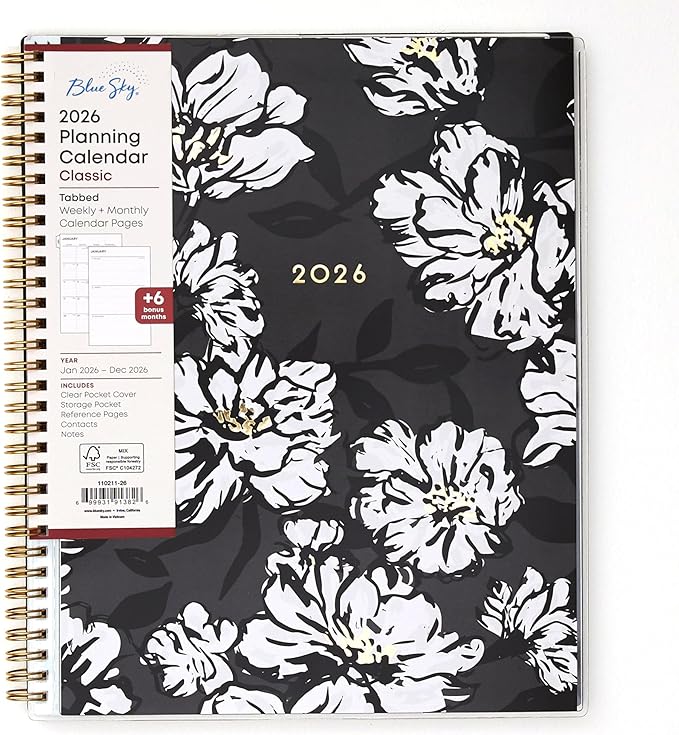 Blue Sky 2026 Weekly and Monthly Planner Calendar, January 2026 - December 2026, 8.5" x 11", Clear Pocket Cover, Laminated Tabs, Durable Twin Wire Binding, Storage Pocket, Baccara Dark