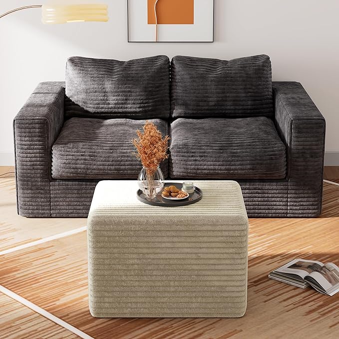 WLIVE Pouf Ottoman Foot Rest, Square Bean Bag Ottoman Coffee Table for Living Room, Beige