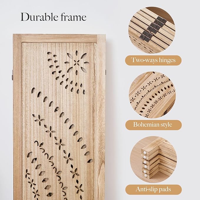 66.9Inch Folding Room Divider, 6 Panels Wood Carved Privacy Screens, Free Assembled Freestanding Partition for Home Office Restaurant Bedroom (Natural)