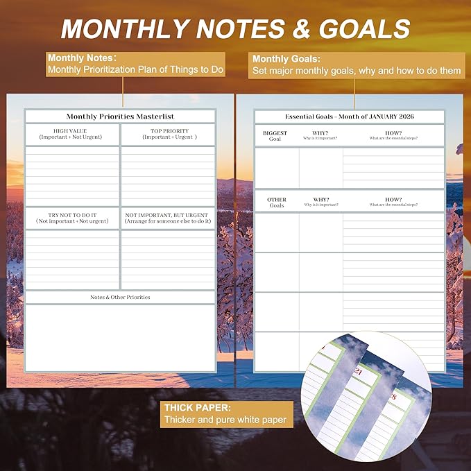CAGIE 2026 Monthly Planner: 12 Months Jan 2026 - Dec 2026 Calendar Planner Weekly and Monthly 8.5" x 11" Large Spiral Planners for Women Hourly Daily Yearly Agenda with Tabs Stickers, Sunset