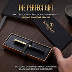 Scriveiner Luxury EDC Fountain Pen (Fine), Stunning Black Pocket Pen with Real Gold Finish, Schmidt Gilded Nib, Ink Converter, Best Writing Gift Set for Men & Women, Nice Fancy Office Designer Gift