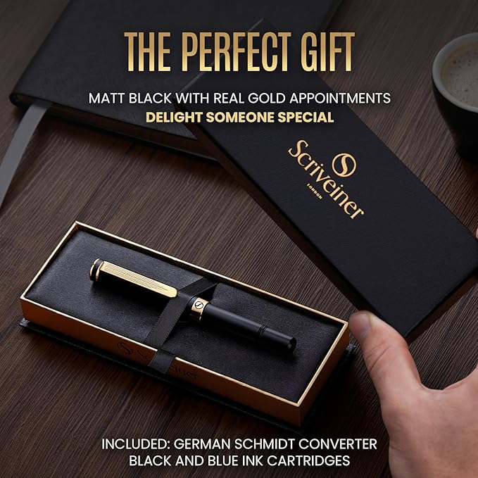 Scriveiner Luxury EDC Fountain Pen (Medium), Stunning Luxury Black Pocket Pen, Real Gold Plating, Schmidt Gilded Nib, Converter, Best Writing Gift Set for Men & Women, Nice Fancy Office Designer Pen