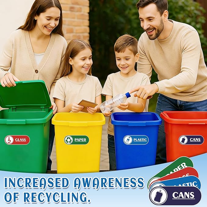 4PCS Recycle Stickers for Trash Bins,Self-adhesive Waterproof Trash Recycle Stickers, Recycling Labels for Trash Can, Home, Office, Apartment, Hotel, School and Public Area