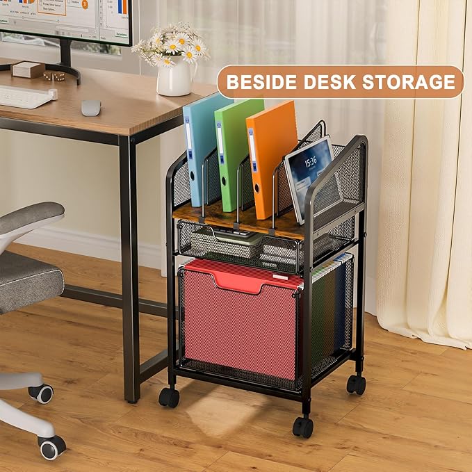 Tiaoheka Rolling File Cabinet with Adjustable Dividers, Mobile Filing Cabinet with 2 Storage Drawers on Lockable Wheels, Hanging File Organizer Beside Under Desk for Office, Home（Patent Pending）